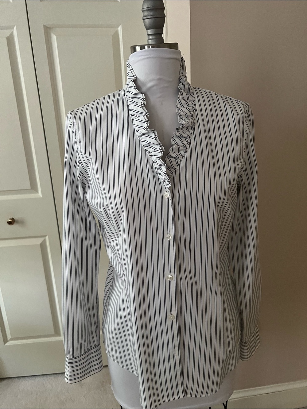 Brooks Brothers White and Black Striped Ruffle Front Button-Down Shirt